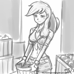 Size: 800x800 | Tagged: safe, artist:johnjoseco, applejack, human, belly button, clothes, daisy dukes, front knot midriff, grayscale, humanized, midriff, monochrome, solo, tired