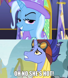 Size: 1272x1440 | Tagged: safe, derpibooru import, edit, edited screencap, screencap, hoo'far, trixie, no second prances, road to friendship, female, male, meme, oh no he's hot, shipping, straight, trixfar