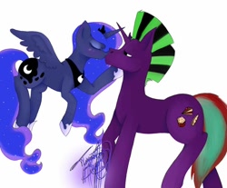 Size: 992x820 | Tagged: safe, artist:nightingale rosemary, princess luna, oc, oc:blaze fireheart, alicorn, pony, unicorn, blushing, canon x oc, eyes closed, female, floating, kissing, male, shipping, straight