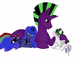 Size: 810x642 | Tagged: safe, artist:nightingale rosemary, princess luna, oc, oc:blaze fireheart, oc:nightingale rosemary, alicorn, pegasus, pony, unicorn, canon x oc, cuddling, eyes closed, female, looking at each other, male, shipping, snuggling, straight