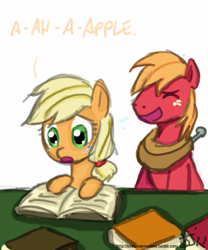 Size: 667x800 | Tagged: safe, artist:johnjoseco, applejack, big macintosh, earth pony, pony, colored, illiteracy, male, reading, stallion