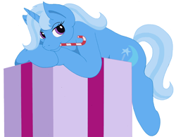 Size: 800x624 | Tagged: safe, artist:digoraccoon, derpibooru import, trixie, pony, unicorn, candy, candy cane, female, food, mare, mouth hold, present, solo