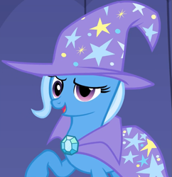 Size: 657x680 | Tagged: safe, derpibooru import, screencap, trixie, pony, unicorn, boast busters, cape, clothes, cropped, female, hat, mare, meme, open mouth, raised hoof, smiling, solo, trixie's cape, trixie's hat