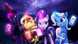 Size: 3840x2160 | Tagged: safe, artist:loveslove, derpibooru import, starlight glimmer, sunset shimmer, tempest shadow, trixie, pony, unicorn, 3d, cellphone, clothes, drink, eyes closed, levitation, magic, one hoof raised, phone, source filmmaker, telekinesis, tongue out, walking