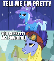 Size: 624x704 | Tagged: safe, derpibooru import, hoo'far, trixie, boast busters, road to friendship, caption, female, image macro, male, meme, shipping, straight, text, trixfar, trixie yells at everything