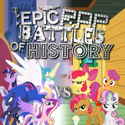 Size: 600x600 | Tagged: safe, artist:1992zepeda, apple bloom, babs seed, princess cadance, princess celestia, princess luna, scootaloo, sweetie belle, twilight sparkle, twilight sparkle (alicorn), alicorn, pony, alicorn tetrarchy, cutie mark crusaders, epic rap battles of history, female, lyrics in the comments, mare, parody