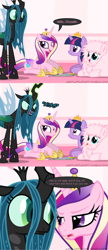 Size: 650x1500 | Tagged: safe, edit, princess cadance, queen chrysalis, twilight sparkle, twilight sparkle (alicorn), oc, oc:fluffle puff, alicorn, changeling, changeling queen, pony, female, hissing, mare, threat, tumblr:ask fluffle puff, vulgar