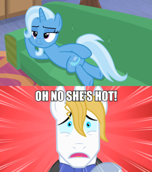 Size: 1280x1440 | Tagged: safe, derpibooru import, edit, edited screencap, screencap, prince blueblood, trixie, road to friendship, the best night ever, bluetrix, caption, draw me like one of your french girls, female, image macro, male, meme, oh no he's hot, on side, shipping, smiling, sofa, straight, stupid sexy trixie, text