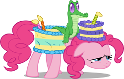 Size: 4000x2567 | Tagged: safe, artist:kopachris, gummy, pinkie pie, earth pony, pony, costume, riding, simple background, tired, transparent background, vector