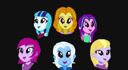 Size: 852x472 | Tagged: safe, artist:3d4d, derpibooru import, adagio dazzle, aria blaze, fuchsia blush, lavender lace, sonata dusk, trixie, equestria girls, friendship through the ages, rainbow rocks, background human, base used, black background, bohemian rhapsody, female, queen (band), simple background, the dazzlings, trixie and the illusions