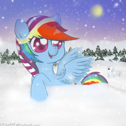 Size: 500x500 | Tagged: safe, artist:chiweee, rainbow dash, pegasus, pony, hat, snow, snowfall, snowpony, winter