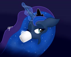 Size: 4029x3253 | Tagged: safe, artist:bbp, princess luna, alicorn, pony, blue background, bust, coffee, coffee mug, cute, gradient background, magic, one eye closed, solo