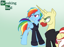 Size: 1227x900 | Tagged: safe, artist:ask-flam, flam, rainbow dash, pegasus, pony, bald, breaking bad, crossover, glasses, jesse pinkman