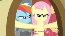 Size: 856x478 | Tagged: safe, screencap, fluttershy, rainbow dash, pegasus, pony, dragon quest, hub logo, youtube caption