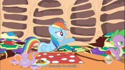 Size: 856x478 | Tagged: safe, screencap, rainbow dash, spike, dragon, pegasus, pony, dragon quest, hub logo, youtube caption