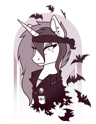 Size: 930x1200 | Tagged: safe, artist:28gooddays, princess luna, alicorn, bat, pony, abstract background, clothes, ear piercing, headband, jacket, lidded eyes, looking at you, monochrome, piercing, portrait, punk, simple background, solo, transparent background