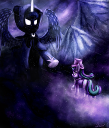 Size: 1200x1400 | Tagged: safe, artist:craszh, princess luna, snowfall frost, starlight glimmer, alicorn, pony, a hearth's warming tail, cloak, clothes, glowing eyes, glowing horn, snow, snowfall, solo, spirit of hearth's warming yet to come, spread wings