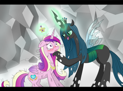 Size: 1480x1100 | Tagged: safe, artist:ピス・ピース, princess cadance, queen chrysalis, alicorn, changeling, changeling queen, pony, blushing, female, horn