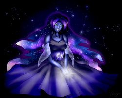 Size: 1024x819 | Tagged: safe, artist:strangu, princess luna, human, clothes, crying, dress, dying, humanized, solo, stars, tangible heavenly object