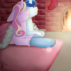 Size: 1250x1250 | Tagged: safe, artist:girorogirl, princess cadance, shining armor, alicorn, pony, unicorn, blanket, clothes, cuddling, female, fire, fluffy, male, romance, shiningcadance, shipping, snuggling, socks, straight