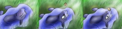 Size: 3072x725 | Tagged: safe, artist:tincantim, princess luna, alicorn, butterfly, pony, comic, grass, on back, scared, solo