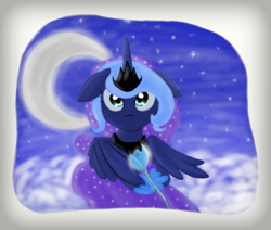 Size: 2451x2081 | Tagged: safe, artist:springveil, princess luna, alicorn, pony, cloud, floppy ears, flower, moon, s1 luna, solo, stars