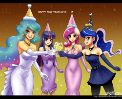 Size: 1500x1210 | Tagged: safe, artist:johnjoseco, princess cadance, princess celestia, princess luna, twilight sparkle, twilight sparkle (alicorn), alicorn, human, 2015, alcohol, alicorn tetrarchy, beautiful, champagne, clothes, dress, evening gloves, female, happy new year, humanized, looking at you, new year, open mouth, pantyhose, party, ponytail