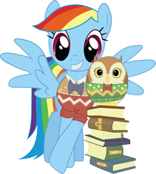 Size: 6236x6951 | Tagged: safe, artist:quanno3, rainbow dash, owl, pegasus, pony, may the best pet win, absurd resolution, alternate hairstyle, book, bookworm, bowtie, clothes, egghead, nerd, pose, rainbow dork, simple background, smiling, sweater, transparent background