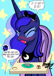 Size: 2181x3021 | Tagged: safe, artist:darkest-lunar-flower, derpibooru exclusive, princess luna, oc, oc:darkest lunar flower, alicorn, pony, angry, baby food, bib, blushing, bow, cross-popping veins, cute, highchair, lunabetes, misspelling of you're, stars