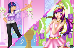 Size: 1024x669 | Tagged: safe, artist:jasmine-lotus, princess cadance, queen chrysalis, twilight sparkle, human, a canterlot wedding, clothes, dress, fake cadance, humanized, scene interpretation