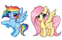 Size: 1024x668 | Tagged: safe, artist:lyericponyart, fluttershy, rainbow dash, pegasus, pony, blue coat, female, mare, multicolored mane, pink mane, wings, yellow coat