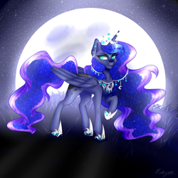 Size: 3600x3600 | Tagged: safe, artist:micky-ann, princess luna, alicorn, pony, jewelry, moon, night sky, solo