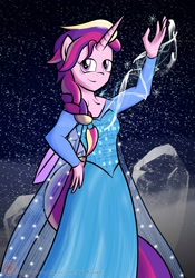 Size: 1400x2000 | Tagged: safe, artist:xain-russell, princess cadance, anthro, art pack:wizards in winter, clothes, cosplay, dress, elsa, frozen (movie), katarzyna łaska, polish, snow, snowfall, solo, voice actor joke