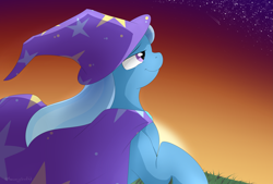 Size: 3455x2333 | Tagged: safe, artist:mercurycraft7, derpibooru import, trixie, pony, unicorn, female, mare, shooting star, solo, stars, twilight (astronomy)