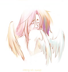 Size: 1182x1247 | Tagged: safe, artist:schpog, fluttershy, rainbow dash, cute, duo, hug, humanized, sad, winged humanization