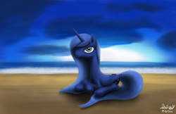 Size: 3400x2200 | Tagged: safe, artist:mcflurrylazermuffin, princess luna, alicorn, pony, beach, cloud, missing accessory, night, prone, solo