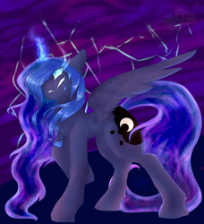 Size: 5482x6000 | Tagged: safe, artist:alex-scratch-17, princess luna, alicorn, pony, absurd resolution, angry, floppy ears, fluffy, gritted teeth, lightning, magic, raised hoof, solo, spread wings