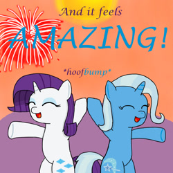 Size: 1000x1000 | Tagged: safe, artist:mister-true, derpibooru import, rarity, trixie, pony, unicorn, askfillyrarity, bipedal, filly, fireworks, hoofbump