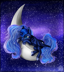 Size: 2473x2743 | Tagged: safe, artist:11-shadow, princess luna, alicorn, pony, crescent moon, moon, prone, solo, tangible heavenly object, transparent moon