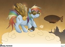 Size: 610x442 | Tagged: safe, artist:caravaggia, rainbow dash, pegasus, pony, blue coat, female, mare, multicolored mane, steampunk