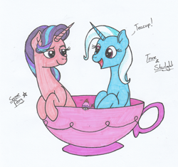 Size: 2156x2026 | Tagged: safe, artist:serenepony, derpibooru import, starlight glimmer, trixie, pony, unicorn, cup, cute, female, looking at each other, mare, simple background, smiling, teacup, teacup poodle, that pony sure does love teacups, traditional art