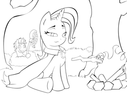 Size: 3300x2550 | Tagged: safe, artist:facelessguru, derpibooru import, trixie, oc, pony, unicorn, campfire, female, fire, mare, monochrome, net, pinecone, solo