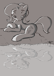 Size: 1024x1428 | Tagged: safe, artist:facelessguru, derpibooru import, trixie, pony, unicorn, female, mare, monochrome, reflection, solo, water