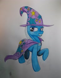 Size: 3160x4034 | Tagged: safe, artist:scribblepwn3, derpibooru import, trixie, pony, unicorn, cloak, clothes, female, hat, mare, pen drawing, solo, traditional art, watercolor painting, wizard hat