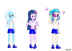 Size: 2330x1660 | Tagged: safe, artist:dieart77, derpibooru import, dj pon-3, trixie, twilight sparkle, vinyl scratch, equestria girls, belly button, clothes, gym uniform, headphones, midriff, music notes, shirt, shirt lift, shoes, simple background, sneakers, transparent background