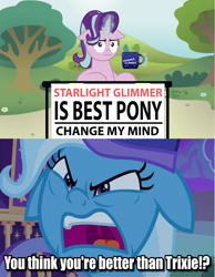 Size: 2552x3296 | Tagged: safe, derpibooru import, edit, edited screencap, screencap, starlight glimmer, trixie, pony, unicorn, marks for effort, to where and back again, floppy ears, meme, trixie's wagon