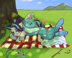 Size: 1240x1000 | Tagged: source needed, safe, artist:nodambol, derpibooru import, starlight glimmer, trixie, pony, unicorn, dappled sunlight, duo, duo female, eyes closed, female, floppy ears, glowing horn, horn, lying down, mare, on back, picnic, picnic blanket, pony pillow, prone, tree