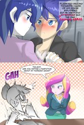 Size: 1600x2400 | Tagged: safe, artist:thegreatrouge, dean cadance, flash sentry, princess cadance, sci-twi, shining armor, twilight sparkle, equestria girls, friendship games, alumnus shining armor, blushing, breasts, caught, comic, dialogue, embarrassed, fanfic, female, fujoshi, gay, holding hands, male, open mouth, princess cansdance, screaming, shiningsentry, shipper on deck, shipping, speech bubble, talking, tongue out, yaoi fangirl