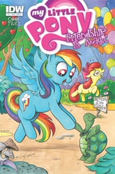 Size: 674x1023 | Tagged: safe, artist:andypriceart, idw, apple bloom, rainbow dash, tank, pegasus, pony, balloon, comic, comic cover, cover, idw advertisement, official, official comic