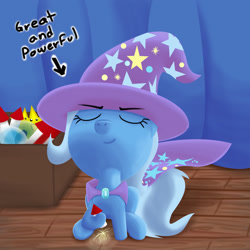 Size: 1920x1920 | Tagged: safe, artist:stellardust, derpibooru exclusive, derpibooru import, trixie, pony, unicorn, box, clothes, curtains, eyes closed, female, fireworks, hat, holding, mare, sitting, smiling, solo, stage